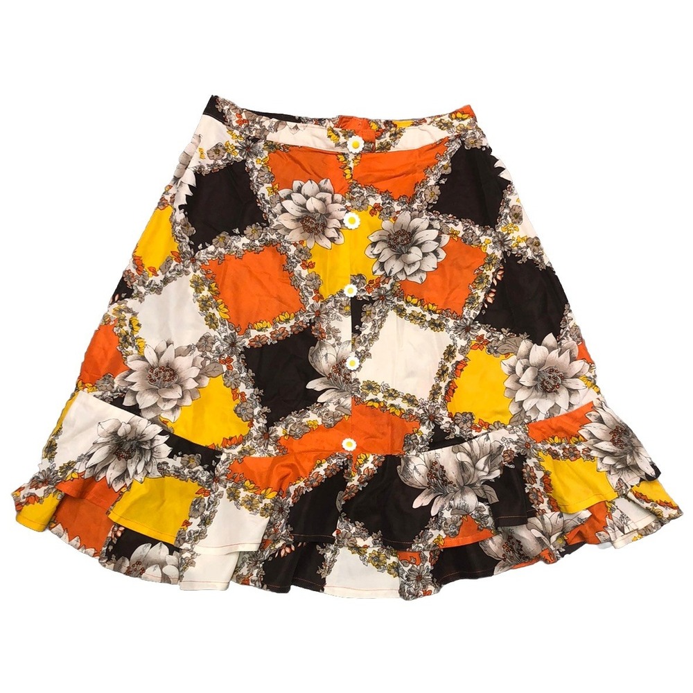 Vintage Skirt‎ M Orange Floral 70s Mod Hippie Boho Handmade Ruffle Knee Length